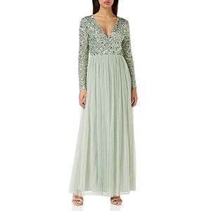 Maya Deluxe Damen Maxi-jurk voor dames, lange mouwen, V-hals, diepe pailletten, verfraaid voor bruiloft, gast, bruidsmeisje, galajurk, A-lijn, 40