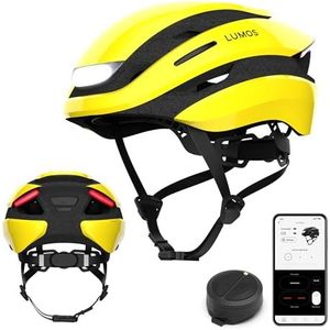 Lumos Ultra Smart-helm, fietshelm, voor- en achterlicht (LED), knipperlicht, remlichten, Bluetooth-verbinding, volwassenen: heren, dames, regenjas, geel, maat: XL