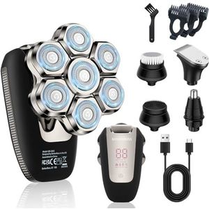 BarberBoss 7D Kale Hoofd Scheerapparaat voor Mannen - Magnetisch Roterend Scheerapparaat, 5-in-1 Elektrische Groomer met LED-display, USB-C Opladen, Baard & Neustrimmer, Alles-in-één