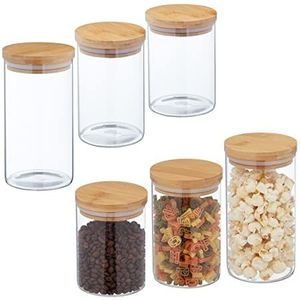 Relaxdays voorraadpot, bamboe deksel, set van 6, glazen opbergpot, 650 ml, 800 ml, 1 l, luchtdicht/transparant/natuur