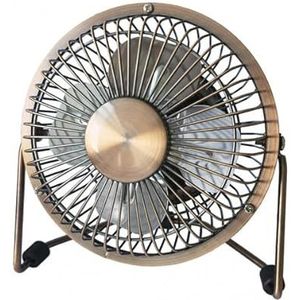 Mini-tafelventilator, 2,5 W, 5 V. Bronzen design, afmetingen: 14,8 x 14,2 x 7,6 cm. Draaibaar en met stroomvoorziening via USB-aansluiting. Ideaal voor het verfrissen van je kamer.