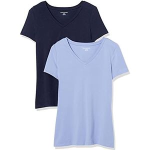 Amazon Essentials Women's T-shirt met korte mouwen en V-hals in klassieke pasvorm, Pack of 2, Marineblauw/Paars, XS