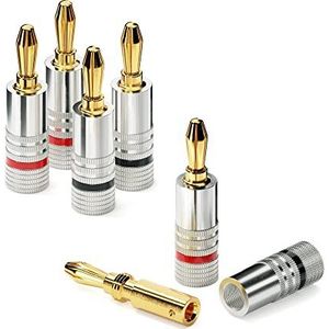 conecto Professionele banaanstekkers voor alle luidsprekerkabels met een diameter van max. 6 mm², 4 stuks met allround kleurring, rood/zwart, 24 karaat vergulde connectoren, zilver