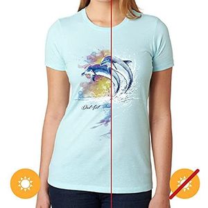 Del Sol Youth Girls Crew Tee - Aquarel Dolphin, Ice Blue T-Shirt - Veranderingen van blauw en wit in levendige kleuren in de zon - 100% gekamd, ringgesponnen katoen, korte mouw - maat YL