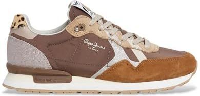 Pepe Jeans - PLS400005 Britt Glitter - Leren Sneakers - Bruin - Plat - Veters - Casual