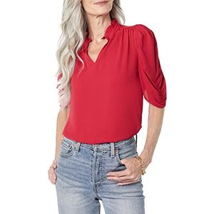 Amazon Essentials Dames lichtgewicht Georgette halflange ruches hals geweven blouse, framboos rood, XS
