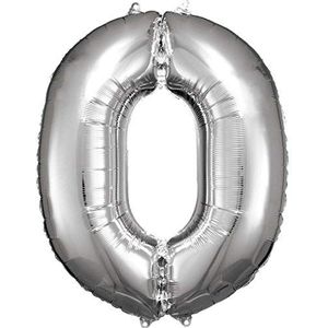 Amscan 9906285 - reuzenfolieballon nummer 0, grootte 66 x 88 cm, zilver, XXL, heliumballon, verjaardag, jubileum, feestdecoratie