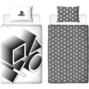 Character World PlayStation Official Single Dekbedovertrek Set | Stretch Gaming Design Omkeerbaar 2-zijdig Beddengoed Inclusief Bijpassende Kussensloop Eenpersoons Zwart-Wit Bed Set | Polycotton