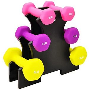 Signature Fitness Set van 6 neopreen halters, handgewichten, antislip, anti-rol, zeskantvorm, kleurrijk, 2/3/5 pond paar, 9 kg met rek