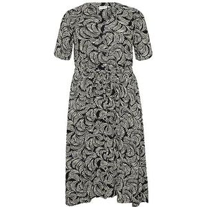 Kaffe Curve Plus-Size damesshirt jurk korte mouwen V-hals taille riem, Zwarte diep/antieke witte print, 44