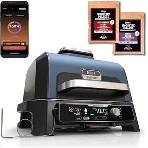 Ninja Woodfire Pro Connect XL Elektrische BBQ Grill & Smoker met App-bediening, Digitale Sensor, Grote 7-in-1 Grill & Airfryer met Houtvuurpellets, Weerbestendig, Zwart OG901EU