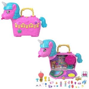 Polly Pocket HYD96 Pennenetui in piñata-vorm met eenhoorns, met 2 mini-poppen en 25 accessoires voor het thema feest, speelgoed vanaf 4 jaar