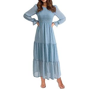 BTFBM Women Casual Long Sleeve Crew Neck Fall Dress Bohemian Relaxed Fit Floral Flowy Maxi Dresses Tiered Cocktail Dress(Floral Blue White,Medium)