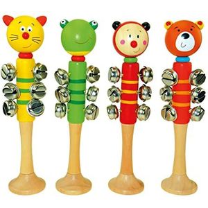 Bino 9086586 Baby Shaker met 9 Jingle Bells en Dierenhoofd, ritmisch muziekinstrument voor kinderen vanaf 36 maanden. De rammelaar is 20,5 cm lang, meerkleurig