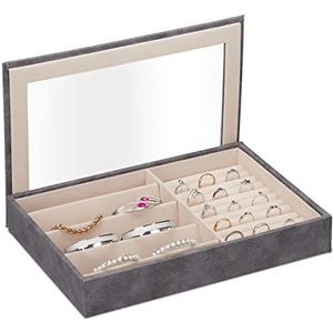Relaxdays sieradendoos met lederlook, juwelendoosje met kijkvenster, mannen & vrouwen, 5 x 30 x 21 cm, in het grijs