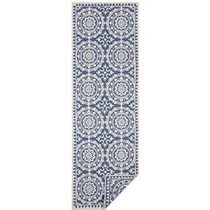 Bougari Jardin Plat geweven tapijt voor binnen en buiten, blauw crème, 80x350 cm