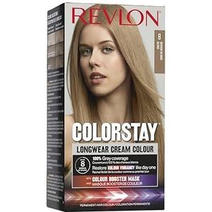 Revlon, ColorStay, Permanente haarkleuring, Langhoudende crème, 100% grijsdekking, Tot 8 weken kleur, Macadamia-olie en Murumuru-boter, N°8 Medium Blonde