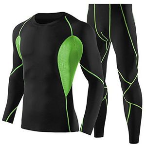 Fitsund Functioneel ondergoed voor heren, set thermocompressie, sportondergoed, S-3XL (onderhemd met lange mouwen en onderbroek) (M, groen-zwart)