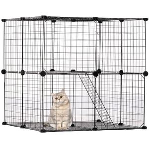 VEVOR Grote kattenkooi met 2 niveaus, 28 x 28 x 28 cm, doe-het-zelf afneembare kattenbehuizing van metaaldraad, met oprijladder, verstelbaar rustplatform, grote binnen- en buitenoefenplaats voor