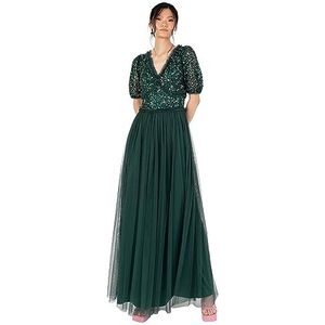 Maya Deluxe Maxi-jurk voor dames, V-hals, korte mouwen, pailletten, versierd, tule, ruffle voor bruiloft, gast, bruidsmeisje, baljurk, emerald green, 34