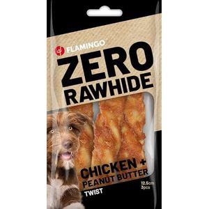 Flamingo Snoepjes – Zero Rawhide – voor een eenvoudigere spijsvertering – Twist met kip en pindakaas – 3 stuks van 12,5 cm, 40 g.