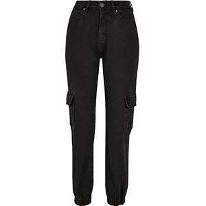 URBAN CLASSICS Jeans Cargo dames, broek van biologisch katoen met hoge taille, elastische enkels, zijzakken, verschillende kleuren verkrijgbaar, maten 26-34, zwart (zwart washed), 33
