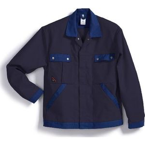 BP 1454-720-10-60/62 werkjas, verborgen drukknoopband en zakken, 305,00 g/m² versterkt katoen, donkerblauw/koningsblauw, 60/62