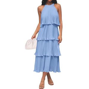 ZESICA Women's 2025 Summer Sleeveless Halter Neck Ruffle Tiered Layed Chiffon Flowy Swing Long Midi Dress,LightBlue,Medium
