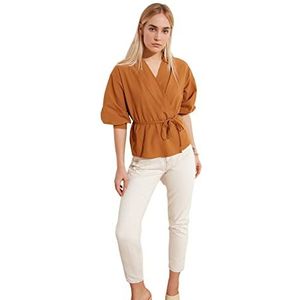 TRENDYOL Dames Regular Fit Basic Cache-Coeur geweven blouse, kameel, 42