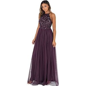 Maya Deluxe Dames Maya Berry verfraaid Halter Neck Maxi Jurk Bruidsmeisje