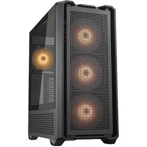 RGB-tower met geoptimaliseerde ventilatie, elegant zwart design, ruimte voor meerdere apparaten en gemakkelijke toegang voor gamers en liefhebbers.