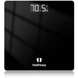 Healthkeep Personenweegschaal, personenweegschaal met zeer nauwkeurige sensoren, digitale personenweegschaal met step-on-techniek, gewichtsweegschaal van veiligheidsglas, zwart, 26 cm x 26 cm