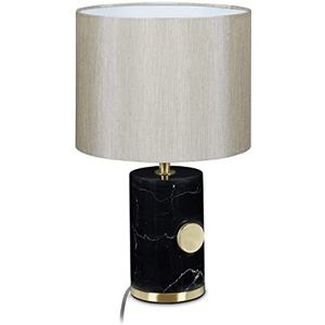 Relaxdays tafellamp, marmeren voet en stoffen lampenkap, E14-fitting, dimbaar, H x Ø: 34,5 x 21, zwart/beige