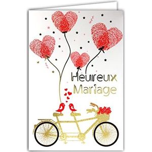 AFIE Gelukkige Wedding Gefeliciteerd Kaart - Glanzend Goud - Inclusief Envelop - Fiets Bloemen Tandem Vogels Liefhebbers Rode Harten Geleend Vingers - Gemaakt in Frankrijk 69-7098