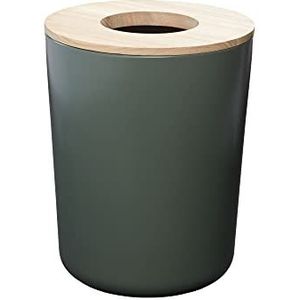 iDesign Eco Vanity Steel Bin, veelzijdige huisvuilnisbak, gemaakt van metaal en hout, keuken en badkamer accessoire om huizen schoon te houden, met Paulownia houten deksel, groen/beige