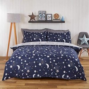 DREAMSCENE Dekbedovertrek met kussensloop, motief: maan, sterren, sterrenstelsel, omkeerbaar, voor eenpersoonsbed, marineblauw/grijs