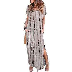 HUSKARY Women's Summer Tie Dye Maxi Dresses Casual Short Sleeve Long Split Dress -Tie Dye Brown
