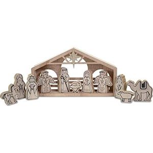 Riffelmacher 11948 Kerststal van hout, ongeveer 30,5 x 5 x 17,5 cm groot, 11-delige set, kerststal voor Kerstmis, houten kribbe voor kinderen, cadeau