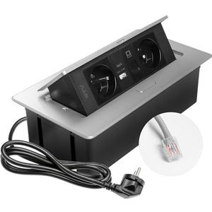 GTV – Inbouwstopcontact MULTISOFT aluminium met 2x stopcontact met aarding, USB A+C, RJ45, intrekbaar met afdekking, 1,5 m kabel, voor keuken, kantoor, vergader- en werktafel