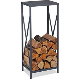 Relaxdays brandhoutrek, metaal, HBD: 80 x 34 x 25 cm, voor stookhout, binnen, met poedercoating, houtopslag, grijs