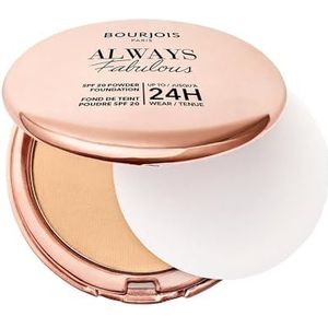 Bourjois Always Fabulous 310 Beige, compact poeder, lichte formule, lange houdbaarheid tot 24 uur, SPF 20, hyaluronzuur, matte finish tweede huid, 7 g