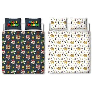 Nintendo Super Mario Officiële tweepersoons dekbedovertrekset met Mario, Luigi en Bowser Design | Zwart omkeerbaar 2-zijdig beddengoed, officiële koopwaar inclusief bijpassende kussenslopen