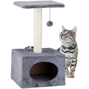 Relaxdays krabpaal voor katten, met speelbal en kattenmand, HxBxD 56 x 31 x 31 cm, sisal, kattenkrabpaal, grijs