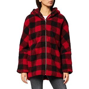 Urban Classics Dames winterjas Ladies Oversized Check Sherpa jas met capuchon, houthakkers ruitpatroon, maat XS tot 5XL, meerkleurig (Firered/BLK 01440), 3XL