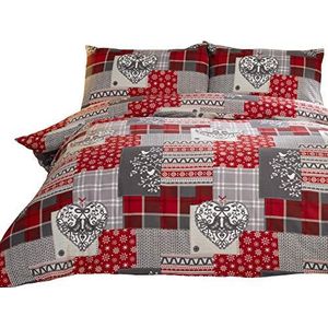 Alpine Patchwork 100% geborsteld katoen fijn flanel beddengoed hart dekbedovertrek en kussensloop bedset, rood/meerkleurig, eenpersoons