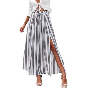 Simplee Women s Elegant Striped Split High Waisted Belted Flowy Wide Leg Pants White Stripe 1/7 Medium 8