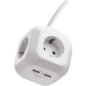 EMOS Cube Stekkerkubus, power kubus, stekkerblok, meervoudige stekkerdoos in kubusvorm met 4 stopcontacten en 2 USB-poorten Schuko, 1, 9 m kabel, wandhouder, kinderbeveiliging