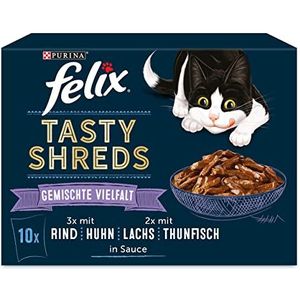 PURINA FELIX Tasty Shreds Smaak Diversiteit Natvoer voor katten, portiezakjes, 10 x 80 g