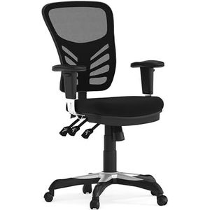 Zwarte multifunctionele ergonomische draaiende directiebureaustoel met middelhoge rugleuning van gaas en verstelbare armleuningen