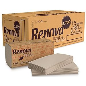 Renova Zig-Zag Love & Action handdoeken, 15 verpakkingen van 180 stuks, 2.700 stuks, ecologisch kraftpapier, 2 lagen, FSC- en Ecolabel gecertificeerd